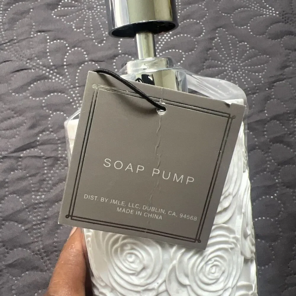 BEEKMAN HOME WHITE, GRAY & SILVER FLORAL ROSES LIQUID SOAP PUMP DISPENSER DECOR